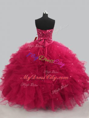 Traditional Hot Pink Lace Up Sweet 16 Dresses Beading and Ruffles Sleeveless Floor Length