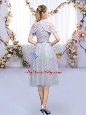 High-neck Sleeveless Court Dresses for Sweet 16 Tea Length Lace and Belt Grey Tulle