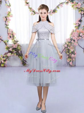 High-neck Sleeveless Court Dresses for Sweet 16 Tea Length Lace and Belt Grey Tulle