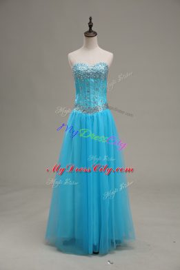 A-line Aqua Blue Sweetheart Tulle Sleeveless Floor Length Lace Up