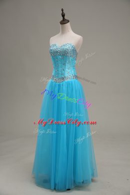 A-line Aqua Blue Sweetheart Tulle Sleeveless Floor Length Lace Up