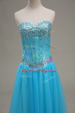 A-line Aqua Blue Sweetheart Tulle Sleeveless Floor Length Lace Up