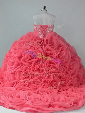 Noble Coral Red Sleeveless Brush Train Beading 15 Quinceanera Dress