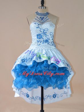 Blue Ball Gowns Satin and Organza Halter Top Sleeveless Embroidery and Ruffles High Low Lace Up Dress for Prom