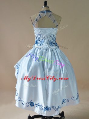 Blue Ball Gowns Satin and Organza Halter Top Sleeveless Embroidery and Ruffles High Low Lace Up Dress for Prom