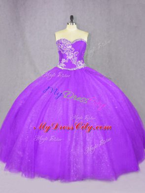 Floor Length Lavender 15th Birthday Dress Tulle Sleeveless Beading