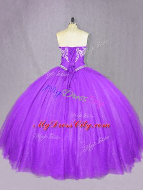 Floor Length Lavender 15th Birthday Dress Tulle Sleeveless Beading