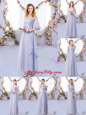 Floor Length Grey Bridesmaids Dress Tulle Half Sleeves Lace and Belt