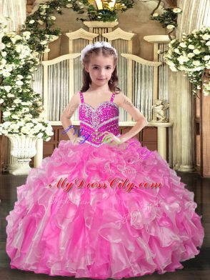 Organza Straps Sleeveless Lace Up Beading and Ruffles High School Pageant Dress in Rose Pink