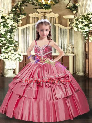 Cute Sleeveless Floor Length Beading Lace Up Kids Pageant Dress with Red