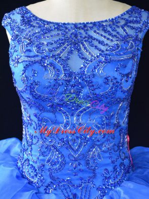 Royal Blue Ball Gowns Organza Scoop Sleeveless Beading and Ruffles Lace Up Vestidos de Quinceanera Brush Train