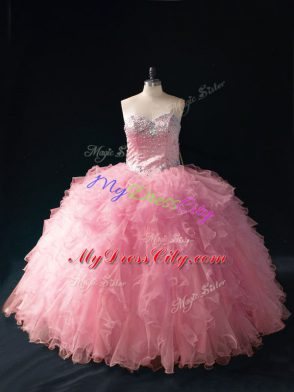 Pink Ball Gowns Sweetheart Sleeveless Tulle Floor Length Lace Up Beading and Ruffles Quinceanera Gown