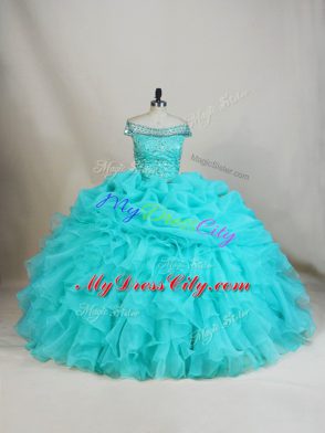 High Quality Aqua Blue Off The Shoulder Neckline Beading and Ruffles Quinceanera Gowns Sleeveless Lace Up