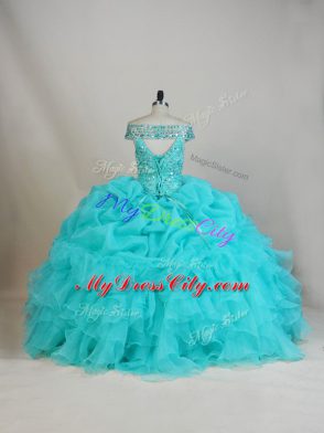 High Quality Aqua Blue Off The Shoulder Neckline Beading and Ruffles Quinceanera Gowns Sleeveless Lace Up