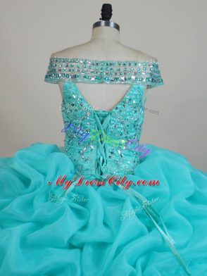 High Quality Aqua Blue Off The Shoulder Neckline Beading and Ruffles Quinceanera Gowns Sleeveless Lace Up