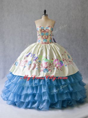 Eye-catching Floor Length Ball Gowns Sleeveless Blue And White Sweet 16 Dresses Lace Up