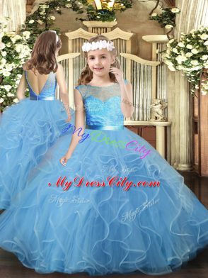 Baby Blue Backless Scoop Lace and Ruffles Ball Gown Prom Dress Tulle Sleeveless