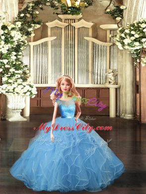 Baby Blue Backless Scoop Lace and Ruffles Ball Gown Prom Dress Tulle Sleeveless