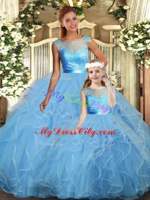 Baby Blue Backless Scoop Lace and Ruffles Ball Gown Prom Dress Tulle Sleeveless