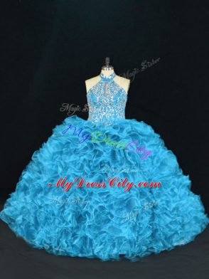 Sleeveless Floor Length Beading and Ruffles Lace Up Vestidos de Quinceanera with Blue