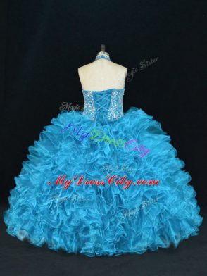 Sleeveless Floor Length Beading and Ruffles Lace Up Vestidos de Quinceanera with Blue