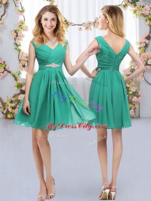 Turquoise Empire V-neck Sleeveless Chiffon Mini Length Zipper Belt Quinceanera Dama Dress