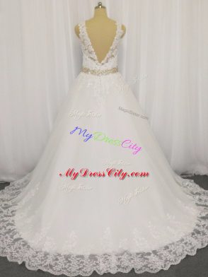 Dazzling White Sleeveless Beading and Lace Zipper Wedding Gowns