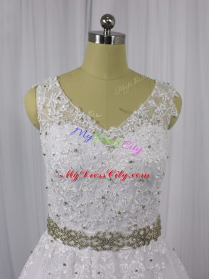 Dazzling White Sleeveless Beading and Lace Zipper Wedding Gowns