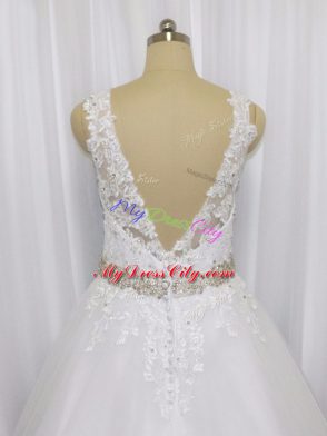 Dazzling White Sleeveless Beading and Lace Zipper Wedding Gowns