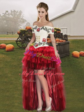 Lovely Wine Red Sleeveless Floor Length Embroidery and Ruffled Layers Lace Up 15th Birthday Dress