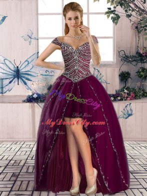 Edgy A-line Homecoming Dress Purple Off The Shoulder Tulle Sleeveless High Low Lace Up