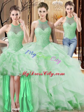 Fashion Apple Green Halter Top Lace Up Beading and Ruffles Sweet 16 Dresses Brush Train Sleeveless