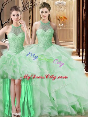 Fashion Apple Green Halter Top Lace Up Beading and Ruffles Sweet 16 Dresses Brush Train Sleeveless