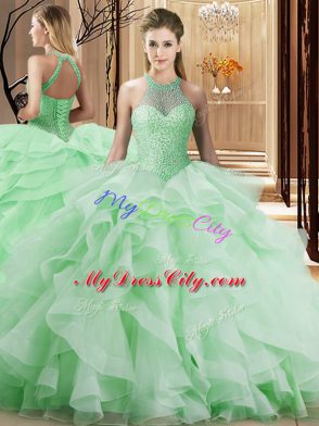 Fashion Apple Green Halter Top Lace Up Beading and Ruffles Sweet 16 Dresses Brush Train Sleeveless