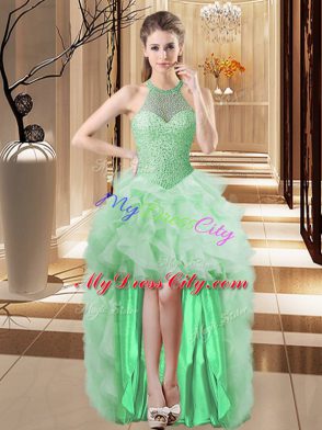 Fashion Apple Green Halter Top Lace Up Beading and Ruffles Sweet 16 Dresses Brush Train Sleeveless