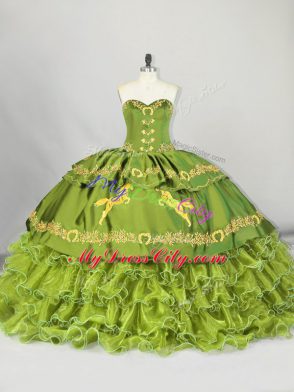 Attractive Olive Green Sweetheart Lace Up Embroidery and Ruffled Layers Sweet 16 Quinceanera Dress Brush Train Sleeveless