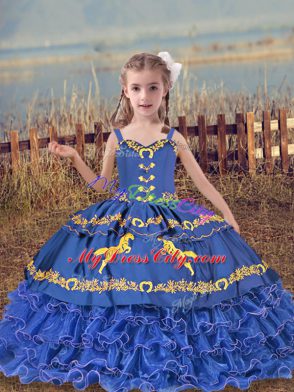 Perfect Blue Sleeveless Organza Lace Up Little Girl Pageant Gowns for Wedding Party