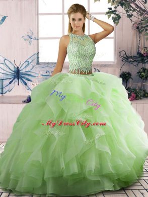 Colorful Yellow Green Sleeveless Floor Length Beading and Ruffles Lace Up 15 Quinceanera Dress