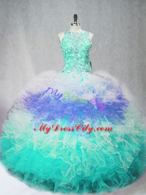 Multi-color Quince Ball Gowns Sweet 16 and Quinceanera with Beading and Ruffles Scoop Sleeveless Zipper