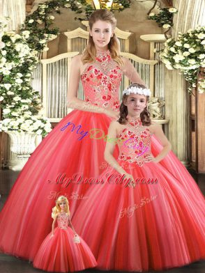 Flare Sleeveless Floor Length Embroidery Lace Up Quinceanera Gowns with Coral Red