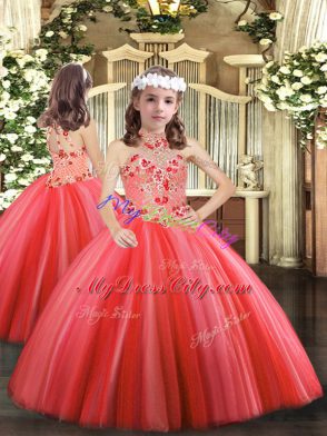 Flare Sleeveless Floor Length Embroidery Lace Up Quinceanera Gowns with Coral Red