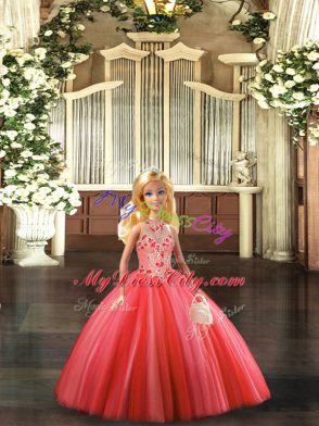 Flare Sleeveless Floor Length Embroidery Lace Up Quinceanera Gowns with Coral Red