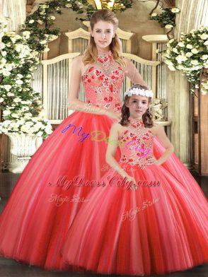 Flare Sleeveless Floor Length Embroidery Lace Up Quinceanera Gowns with Coral Red