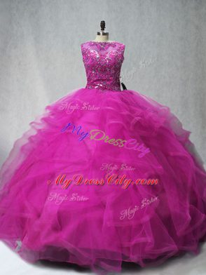 Sleeveless Brush Train Beading and Ruffles Lace Up Ball Gown Prom Dress