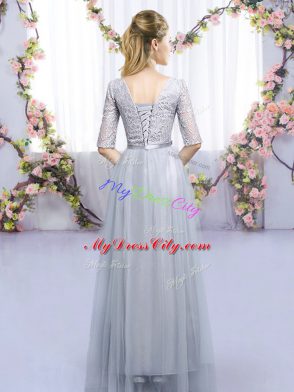 Sumptuous Grey Scoop Neckline Lace and Belt Bridesmaids Dress Half Sleeves Lace Up