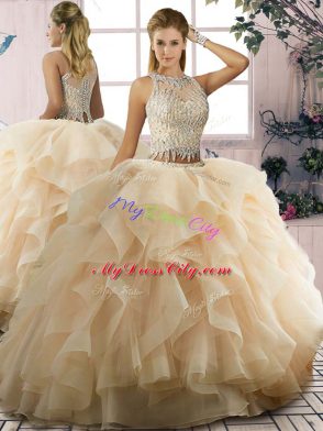 Scoop Sleeveless Vestidos de Quinceanera Floor Length Ruffles Champagne Tulle