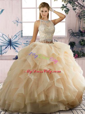 Scoop Sleeveless Vestidos de Quinceanera Floor Length Ruffles Champagne Tulle