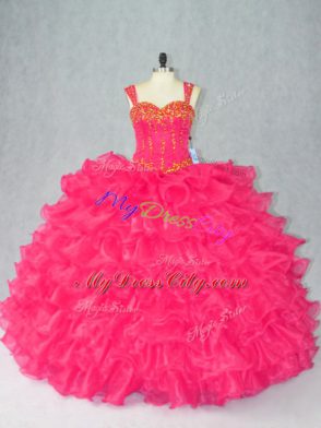 Organza Straps Sleeveless Lace Up Beading and Ruffles Sweet 16 Dresses in Red