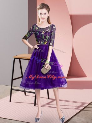 Pretty Embroidery Bridesmaids Dress Purple Lace Up Half Sleeves Knee Length