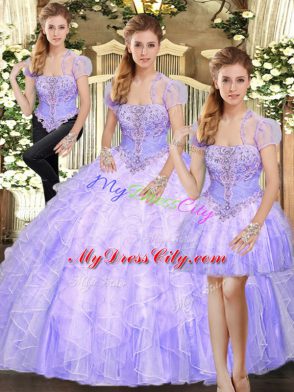 Lavender Three Pieces Beading and Appliques and Ruffles Vestidos de Quinceanera Lace Up Tulle Sleeveless Floor Length